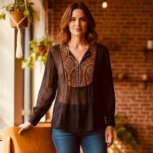 Stella Forest Paris Womens‎ Sheer BOHO Chic Blouse Sz T1/S/36 Beaded Bib #232K